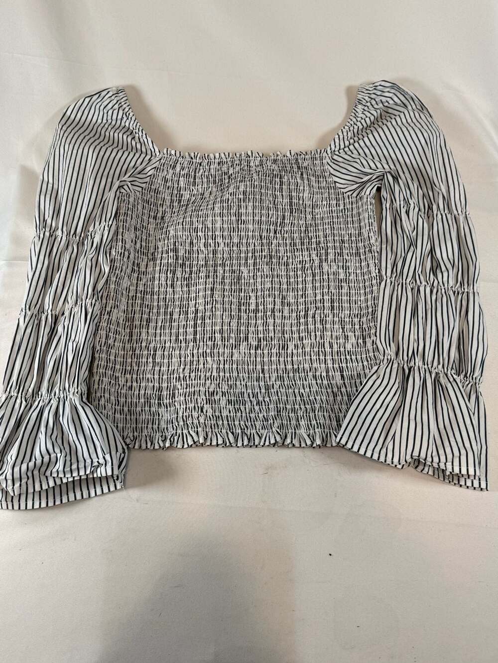 Venus Striped Smocked Top Size S Black White Long Bell Sleeve Cottage Glam Cotta